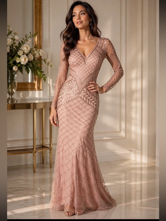 Adrianna Papell Dresses & Skirts - Adrianna-Papell beaded long sleeves V-Neck long evening Gown